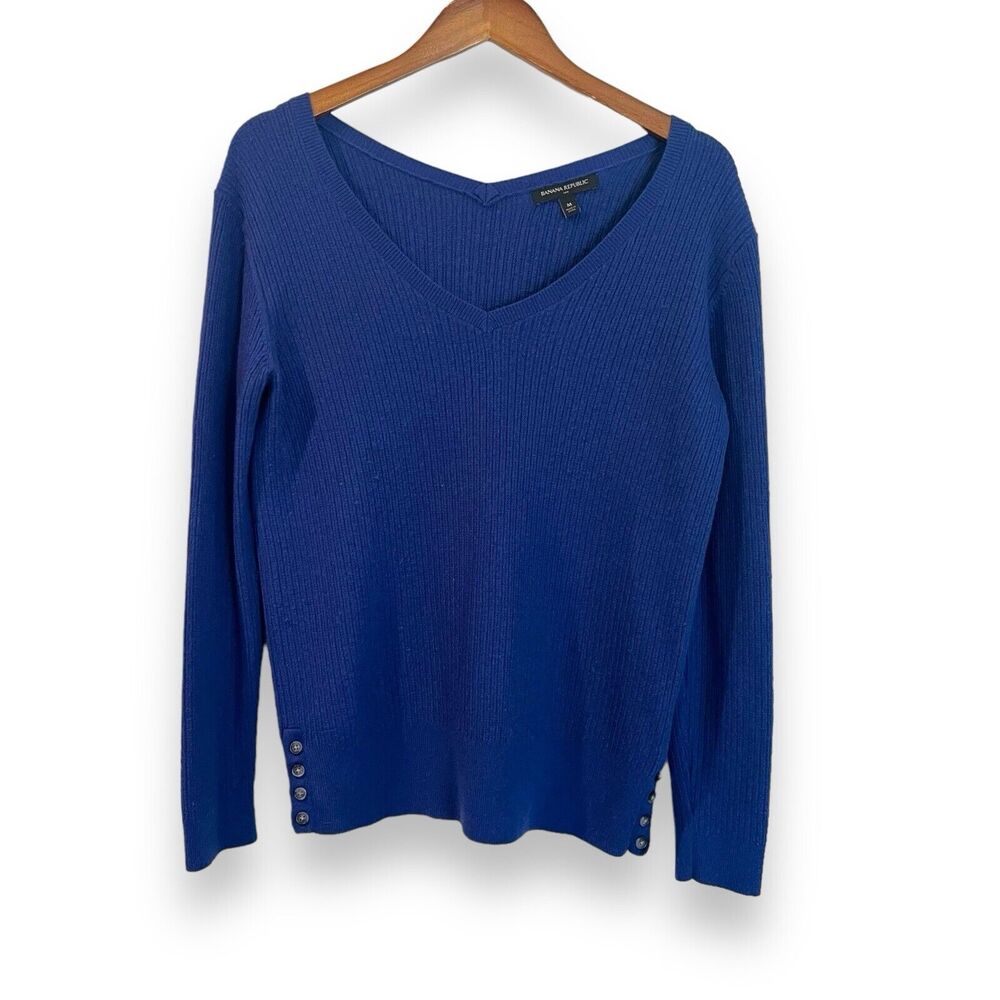 Banana Republic Royal Blue V-Neck Sweater M Ribbed Wool Blend Side Button Knit